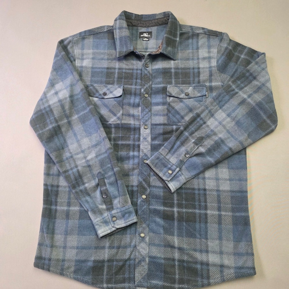 ONeill Mens XL Superfleece Plaid Button Down Shirt Jacket Blue Grey